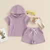 Kläder sätter Little Girl Boy Waffle Set Solid Color Hooded T Shirt Topps Elastic Midje Split Shorts Toddler Summer Outfits