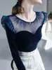 Women's Blouses Velvet Women Patchwork Sheer Fashion Classic Chic Aesthetic Autumn Tops Vintage Soft Elegant Slim Casual Femme