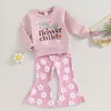 Kläduppsättningar Småbarn Baby Girls Outfits Letter Print Lång ärm Sweatshirt Toppar Floral Bell Bottom Bott Fleared Pants Clothes Set