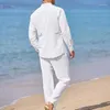 Herrspårar Mens Mens Casual Linen Två stycken uppsättningar 2024 Europe Style Vintage Basic Tops och Solid Pants Passar Male Beach Set