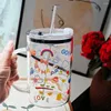 Wine Glasses Portable 1000ml Cartoon Glass Cup With Lid Drink Milk Large Capacity Graduated Transparent Water Straw