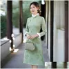 Ethnic Clothing Winter Suede Plus Veet Thickened Embroidered Fur Collar Green Cheongsam Elegant Chinese Traditional Costume Qipao Drop Dhr7M