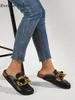 Slippers Mental Buckle Gold Chain Slides Round Toe Flat With Solid Slingback Women Sandals Slip On Patchwork Retro Mules Summer Casual