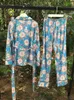 Hemkläder 2024 Spring Autumn Women's High Elastic Satin Silk Pyjamas Lotus Flower Printing Långärmad nattkläderbyxor