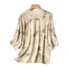 Women's Blouses Satin Shirts Printed Silk Vintage Loose Summer O-Neck Clothing Short Sleeves Women Tops YCMYUNYAN