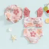 Één-stuks peuter Baby Girls Summer Swimsuit Floral Print Fly Sleeve Tankini Tops Swim Shorts Swim Cap 3 stuks Badpak Beach Bikini