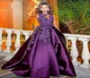 ゴージャスな紫色のデザイナープロムイブニングドレス2022サテンアップリケレースシアーネック安い長いレッドカーペットフォーマルイブニングガウン3298508