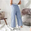 Pantaloni da donna Capris tasca estiva Colore solido elastico gamba larga femmina di cotone lino di cotone sciolto uffici lady lady pieghevole stile casual otd7w