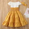 Clothing Sets Girls Cute Skirt Suits Solid Color Ruffled Shoulder-length Tops Bowknot Hairband High Waist Tutu Dress Set