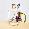 Mokken Europees Email Color Water Cup Crystal Glass Coffee met lepel driedimensionale bloemendecoratie Afternoon tea Milk Mok