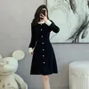 Casual Dresses Black Autumn Winter Sweater Knitted Dress French Women Pearls Beading O Neck Long Sleeve Ladies Office Slim A Line Clothes