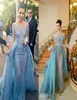 2019 Robes de soirée bleu clair 2019 Appliques à manches courtes couches