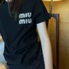 Mui Mui Shirt 2024 Early Spring Miu New Rhinestone Letter LOGO Decoration Pure Cotton Short Sleeve Crew Neck T-shirt Women 8394 Mui Mui Top 760