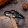 Stainless Steel Black Leather Mens Bracelet with Magnetic Buckle Round Rope