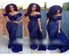 Robes de soirée Aso Ebi Serme Blue Blue Sirène Sleette V Cou Neck Sexy Lace Prom Robe Voir à travers Sweep Train 2016 Aso Gowns2461580