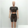 Женские спортивные костюмы Anjamanor Floral Lace Black Y 2 Piece Set Top Top и Шорты Соответствующие наряды Summer Club для женской одежды Dh6bz