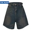 Wide Leg Vintage Jeans Short Men Summer Loose Casual Blue Denim Pants Retro Y2K Shorts 240401