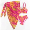 Elegant Retro Printed Bikini Three Piece Set High Waisted Sexy Swimsuit with Cover Up Skirt for Springs Beach Vacation 240411