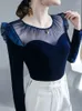 Women's Blouses Velvet Women Patchwork Sheer Fashion Classic Chic Aesthetic Autumn Tops Vintage Soft Elegant Slim Casual Femme