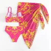 Elegant Retro Printed Bikini Three Piece Set High Waisted Sexy Swimsuit with Cover Up Skirt for Springs Beach Vacation 240411