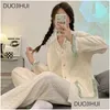 Womens Sleepwear Duojihui Ins Sweet Two Piece Casual Home Pajamas For Women Female Spring Chicly Button Cardigan Simple Pant Fashion D Otmfh