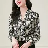 Blouses pour femmes Real Silk Satin Shirt Purple Black V-colmes Elegant Shirts For Women à manches longues Tops Woman Floral Print Chlouse