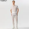 Saisiers de survêtement masculins élégants ensembles Incerun Men Sexy Mesh O-coue See-Through à manches courtes pantalon Streetwear décontracté costume mince 2 pièces S-5xl