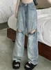 Jeans pour femmes automne de la mode bleu coréene coupé le créateur décontracté pantalon denim féminin poches vintage élégant baggy 2024