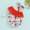 Één-stuks Independence Day Kids Girl Swimsuits Zomervlag Koe Print een schouder jumpsuit en hoofdband strandkleding badpakken