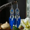 Boucles d'oreilles en peluche Boho Feather Long Leaf Tassel Drop pour femmes Géométrie en cristaux Crystal Perles à la main