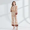 Fashion Loose Women's Sets, Palace Style Print Lantern Sleeve Blouse and Flare Cropped Pants 2 Pcs Suit, Elegant Office Ladies, Spring Summer