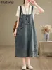 Casual Dresses Denim Oversized Summer Midi Sleeveless Strap Dress Women Flower Embroidery Modis Ladies Loose Pleated Woman