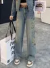 Women's Jeans Vintage Denim Pants Panel Diamond Butterfly Embroidered Long Hip Wrap Casual Versatile Slim Fit Trousers