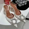 Sandaler Designer Sandaler Amina Muaddi Dress Shoes Satin Pointed Slingbacks Bowtie Pumpar Crystal-Sunflower Womens Luxury Sexy Party Wedding 24040413PSM0