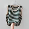 Kvinnors tankar 2024 Summer Fashion Round Neck Camisole Topps Kvinnliga randiga botten ärmlösa damer Ice Silk Knit Vest H12