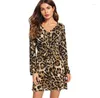 Casual Dresses Spring Leopard Print V-Neck Cut-Out Long Sleeve Dress