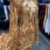 Sparkly Gold Sequin Long Mermaid Prom Dresses 2024 High Neck Full Sleeve See Through African Women Black Girls Evening Gowns