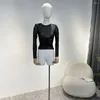 Women's Blouses 2024 Latest Original High Quality Sexy Invisible Zipper Ruched Black See Through Long Sleeve Stretchable Tulle Tops For