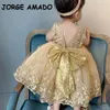 Summer Kids Girls Party Dress ärmlös Back Bow paljetter Sashes Princess Dress Wedding Perform Birthday E8557 240407