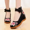 Casual Shoes Chinese Style Women Canvas Hidden Platform Flower Embroidered Vintage Ladies Ankle Strap KJM89