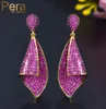 Pera Luxury Quality Rose Red CZ Zircon Elegant Conch Shape Dubai Gold Drop Earrings For Women Wedding Party 925 Jewlery E545 Dangl2066542