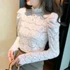 Blusas femininas 2024 Autumn Stand Collar Lace Crochet Blusa Mulheres