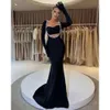 Sodigne Classic Evening 2023 Elastic Satin Black Long Sleeve Beaded Crystal Mermaid Prom Dress Formal Party Gown No Gloves