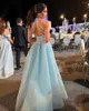 Party Dresses Fabulous Sky Blue Halter Sleeveless Beaded Backless Prom Dress Floor Length Satin Crystal Evening Saudi Arabia