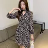 Casual Dresses 2024 French Dress Women Black Long Hleeves V-Hals Bow Flare Sleeve Lace Sexig Female Floral Elegant Chiffon Vintage 1436
