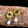 Boucles d'oreilles en peluche vintage Gold Couleur simulée Perle Purple Stone Disc Disc pour femmes Cadeaux de bijoux de mariage de mariée élégante