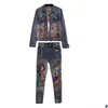 여자 2 피스 바지 꽃 프린트 재킷 정장 PCS 탄성 소재 그림 패션 트렌드 여성 팬트 세트 스키니 청바지 T200702 DH6GR