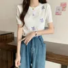 Camisas femininas Termato T-shirt de seda de gelo Summer Summer Retro Bordeded Flowers Top Casual Sweet Little Fresh Fresh Street