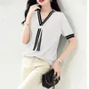 Women's T Shirts Summer Fashion Scarf Collar Patchwork Knitting T-shirt damer Kort ärm Casual Loose All-Match Pullover Top Women Tee