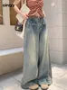 Jeans pour femmes circyy bleu baggy femmes hautes taille 2024 bouton de jambe large pantalon denim avec ceinture vintage pantalon de créateur complet vintage
